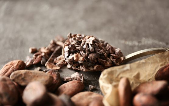 Fèves de cacao en premier plan avec des éclats de cacao.