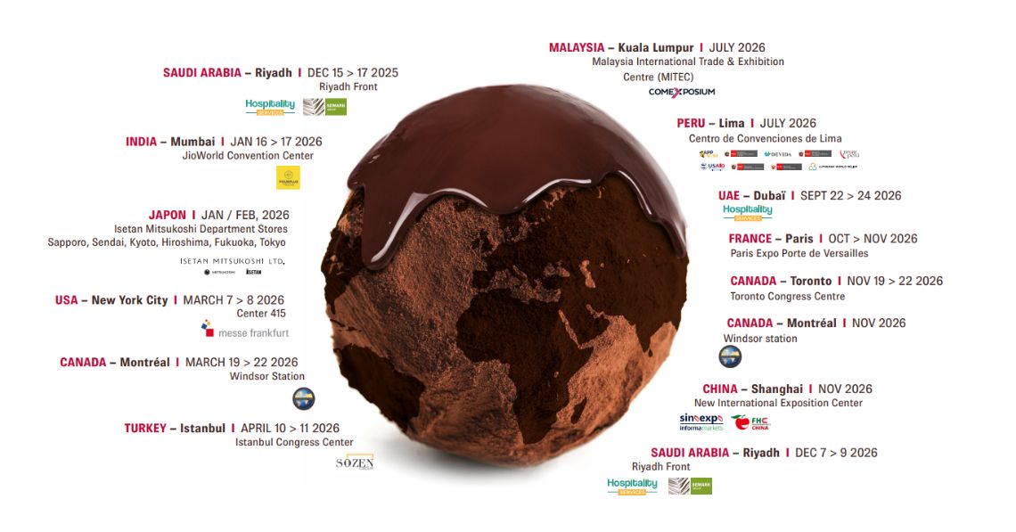 World map of the Salon du Chocolat's international destinations.