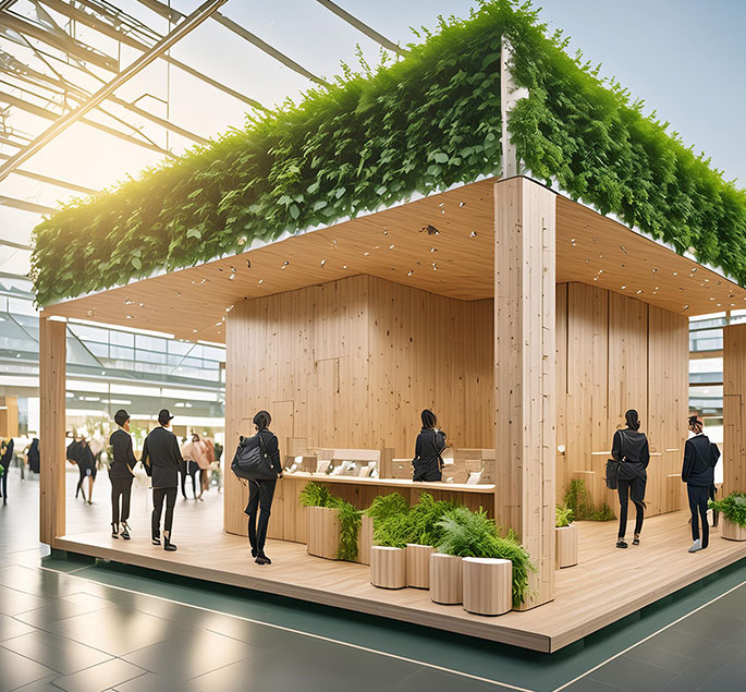 image of an eco-designed stand in light wood in an exhibition hall