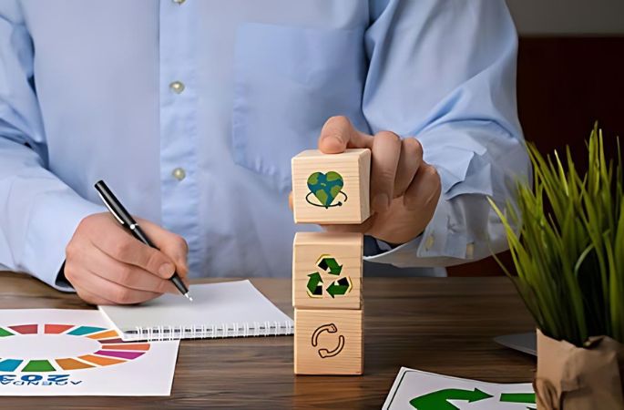 Man stacking recycling blocks